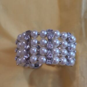 Vintage, Elegant Pearl, Silver And Rhinestone Cuff Bracelet